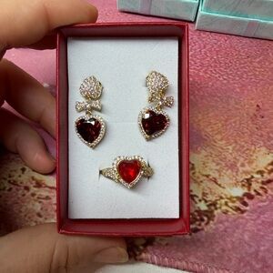 Elegant 14k laminated Gold and Red Heart Jewelry Set